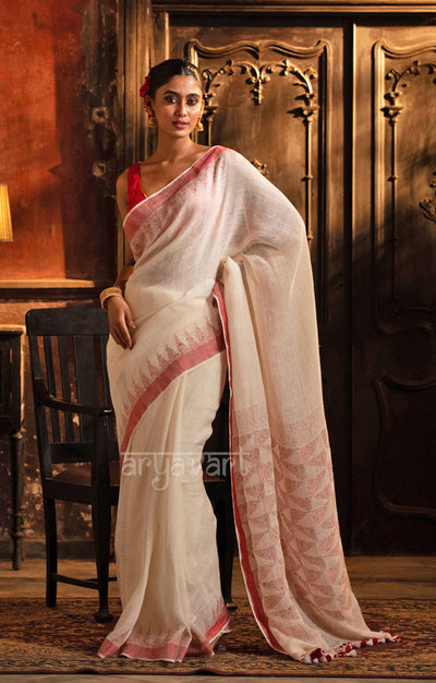 White Linen Saree With Geometric Jamdani Work in Pallu & woven in sequence