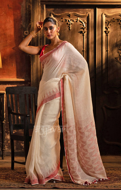 White Linen Saree With Geometric Jamdani Work in Pallu & woven in sequence