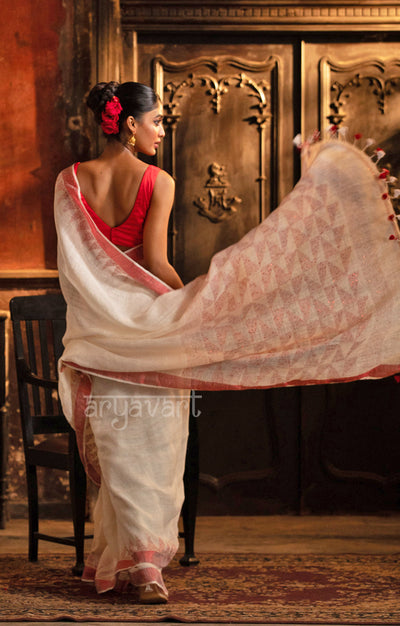 White Linen Saree With Geometric Jamdani Work in Pallu & woven in sequence