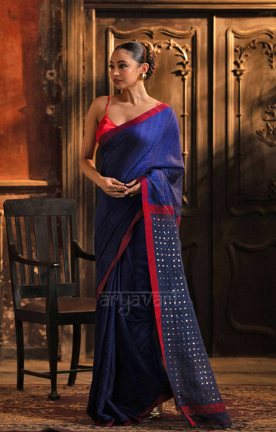 Midnight Blue Matka Silk Saree With Woven In Sequence In Pallu