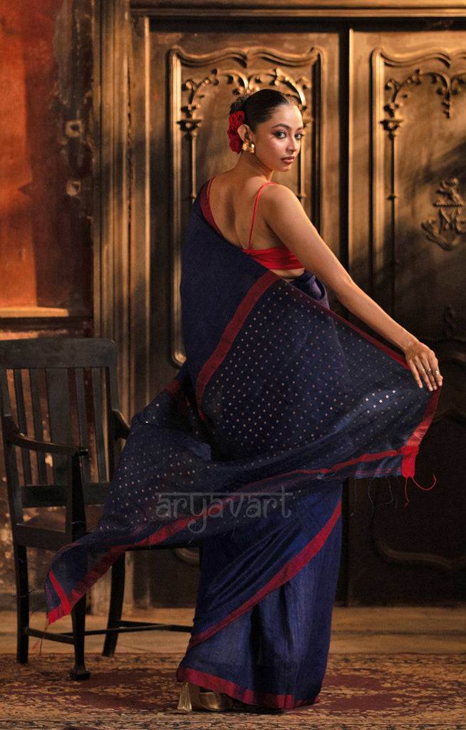 Midnight Blue Matka Silk Saree With Woven In Sequence In Pallu