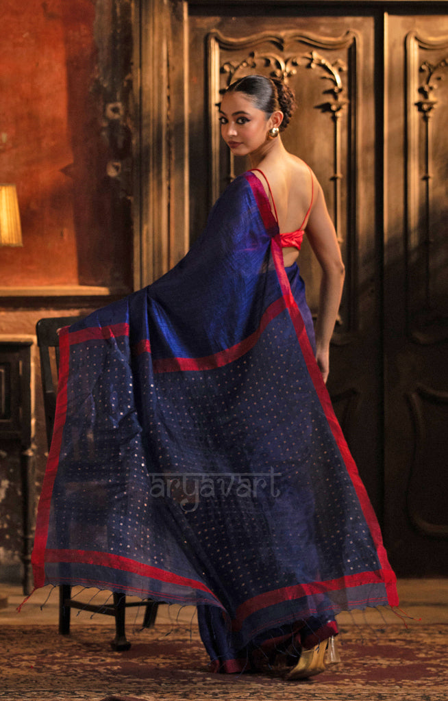 Midnight Blue Matka Silk Saree With Woven In Sequence In Pallu