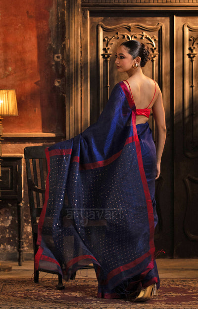 Midnight Blue Matka Silk Saree With Woven In Sequence In Pallu