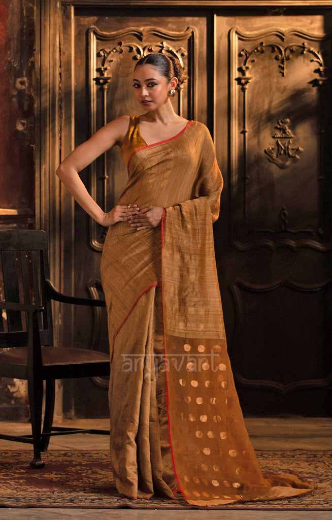 Beige Matka Silk Saree With Stunning Gold Jamdani Polka Dots Design