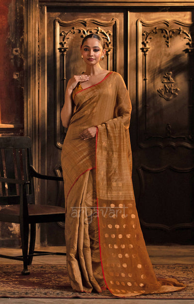 Beige Matka Silk Saree With Stunning Gold Jamdani Polka Dots Design