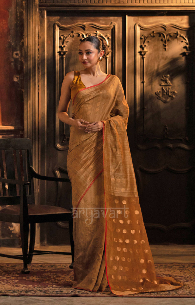 Beige Matka Silk Saree With Stunning Gold Jamdani Polka Dots Design