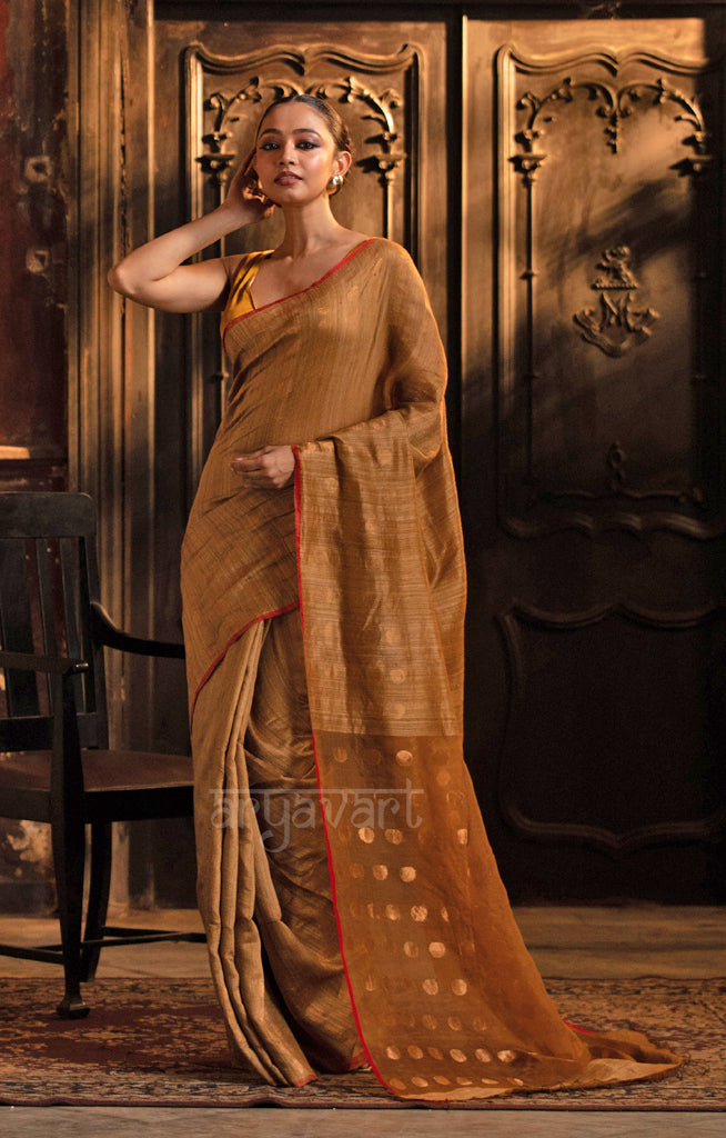 Beige Matka Silk Saree With Stunning Gold Jamdani Polka Dots Design