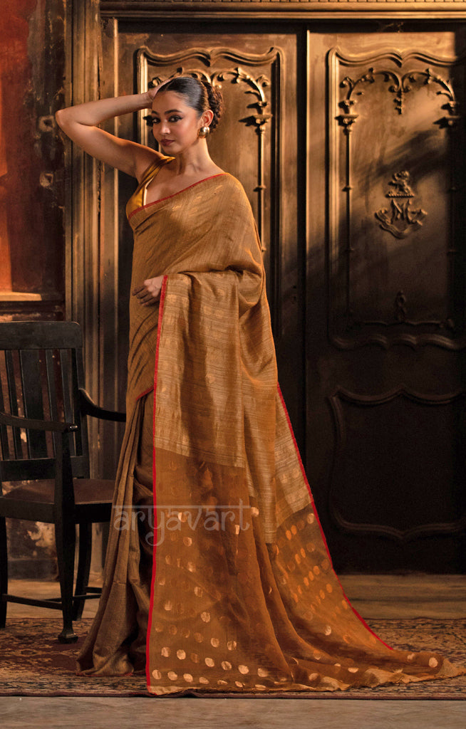 Beige Matka Silk Saree With Stunning Gold Jamdani Polka Dots Design