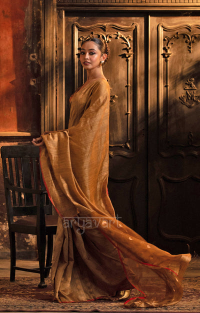 Beige Matka Silk Saree With Stunning Gold Jamdani Polka Dots Design