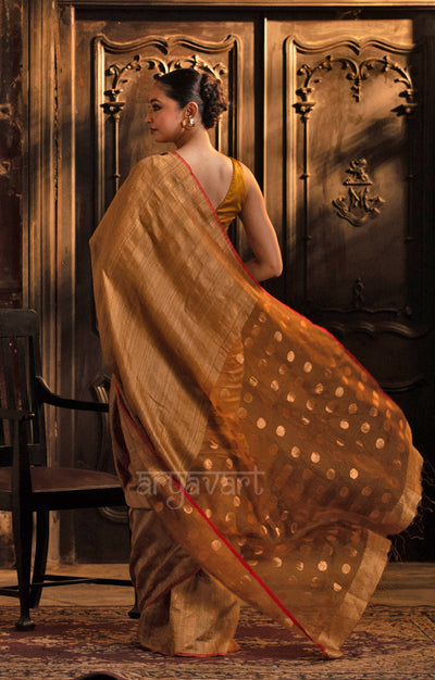 Beige Matka Silk Saree With Stunning Gold Jamdani Polka Dots Design