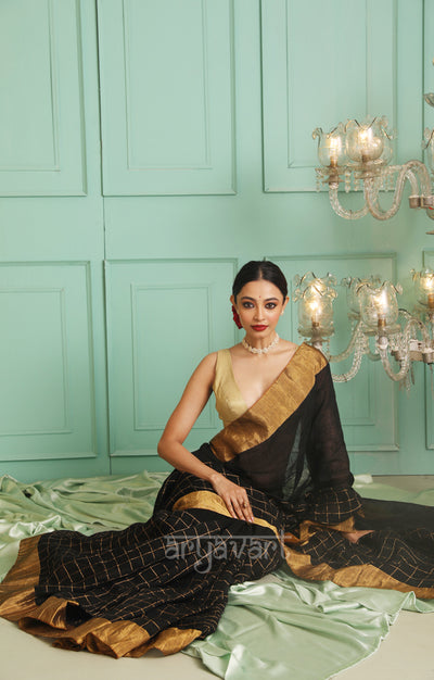 Black Linen Saree With Woven Zari Checks and Cube Design