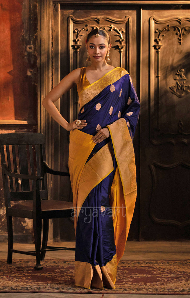 Midnight Blue Katan Silk Saree With A Strinking Yellow Border & Gold Buttas