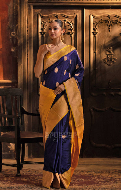 Midnight Blue Katan Silk Saree With A Strinking Yellow Border & Gold Buttas