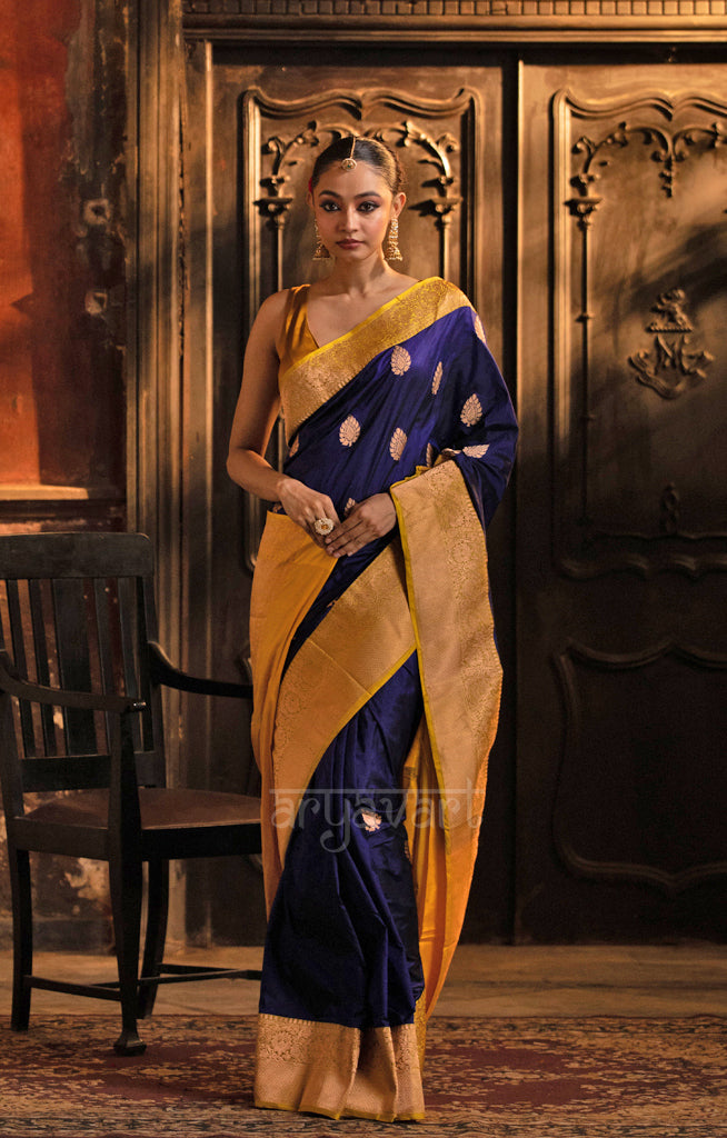 Midnight Blue Katan Silk Saree With A Strinking Yellow Border & Gold Buttas