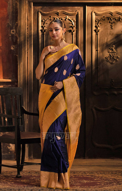 Midnight Blue Katan Silk Saree With A Strinking Yellow Border & Gold Buttas