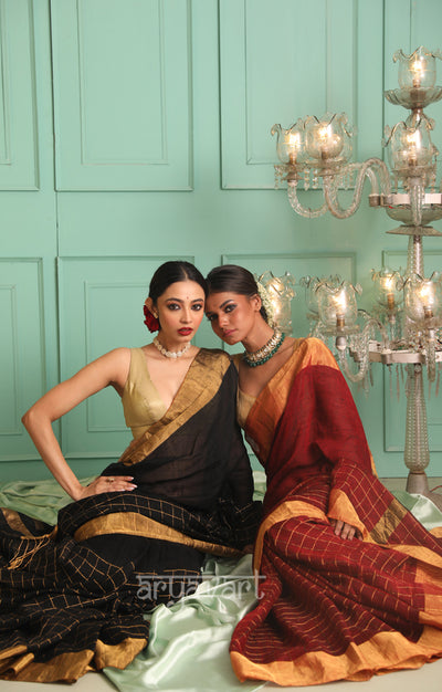 Black Linen Saree With Woven Zari Checks and Cube Design
