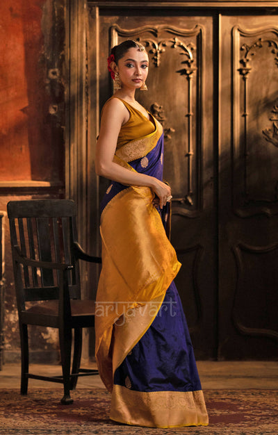 Midnight Blue Katan Silk Saree With A Strinking Yellow Border & Gold Buttas