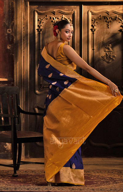 Midnight Blue Katan Silk Saree With A Strinking Yellow Border & Gold Buttas