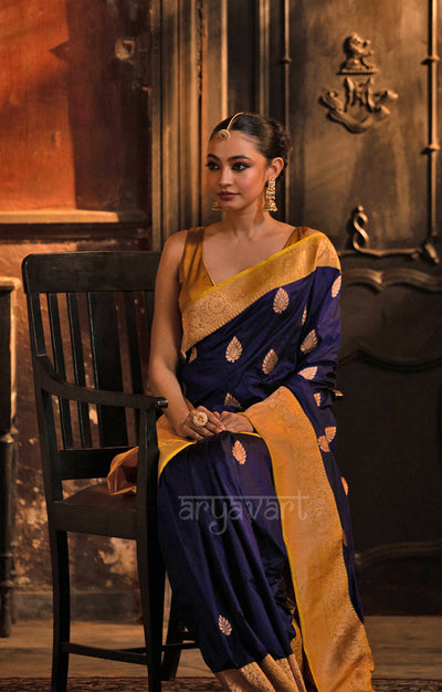 Midnight Blue Katan Silk Saree With A Strinking Yellow Border & Gold Buttas