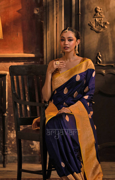 Midnight Blue Katan Silk Saree With A Strinking Yellow Border & Gold Buttas