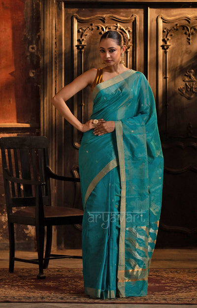 Teal Silk Cotton Chanderi  Saree With Gold Zari Design