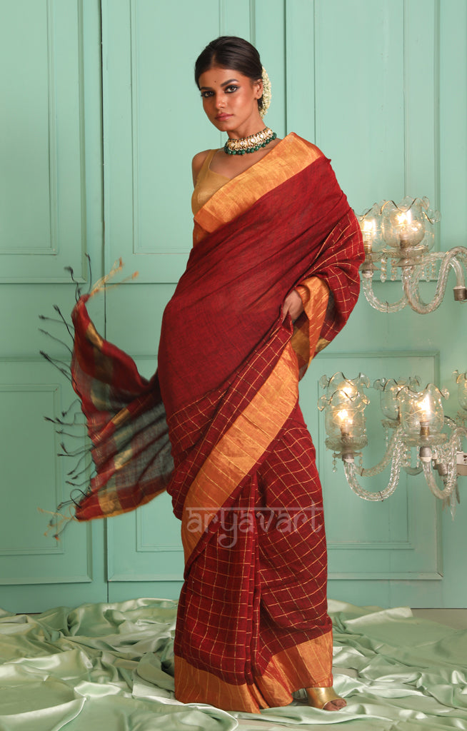 Maroon Linen Saree With Woven Zari Checks and Cube Design
