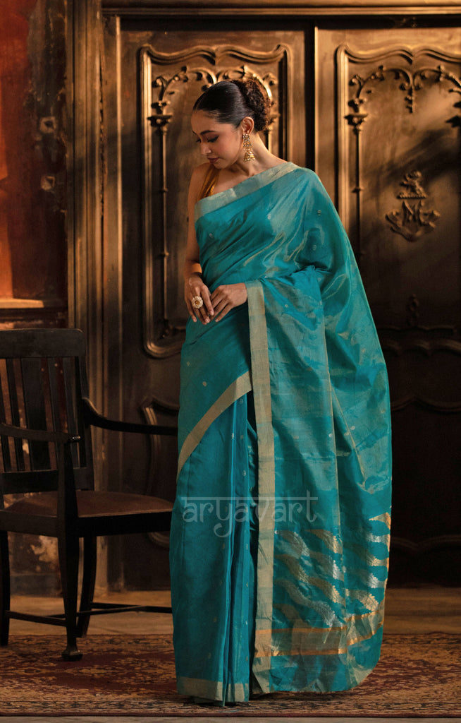 Teal Silk Cotton Chanderi  Saree With Gold Zari Design