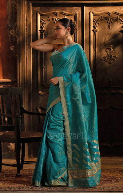 Teal Silk Cotton Chanderi  Saree With Gold Zari Design