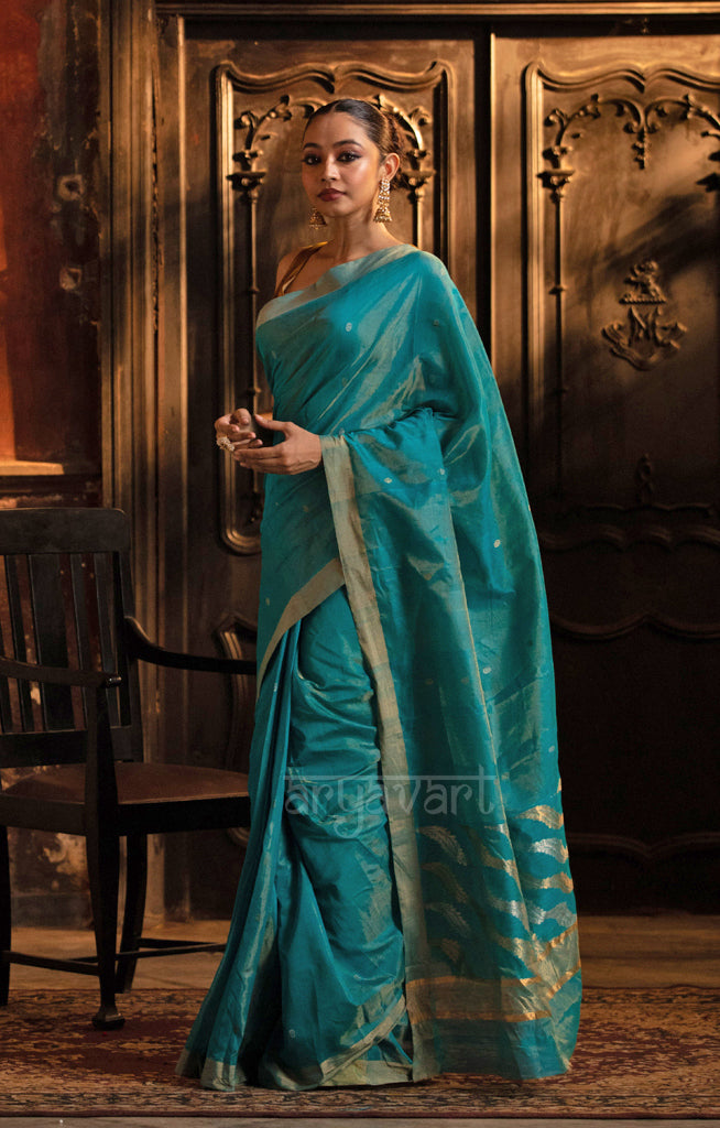 Teal Silk Cotton Chanderi  Saree With Gold Zari Design