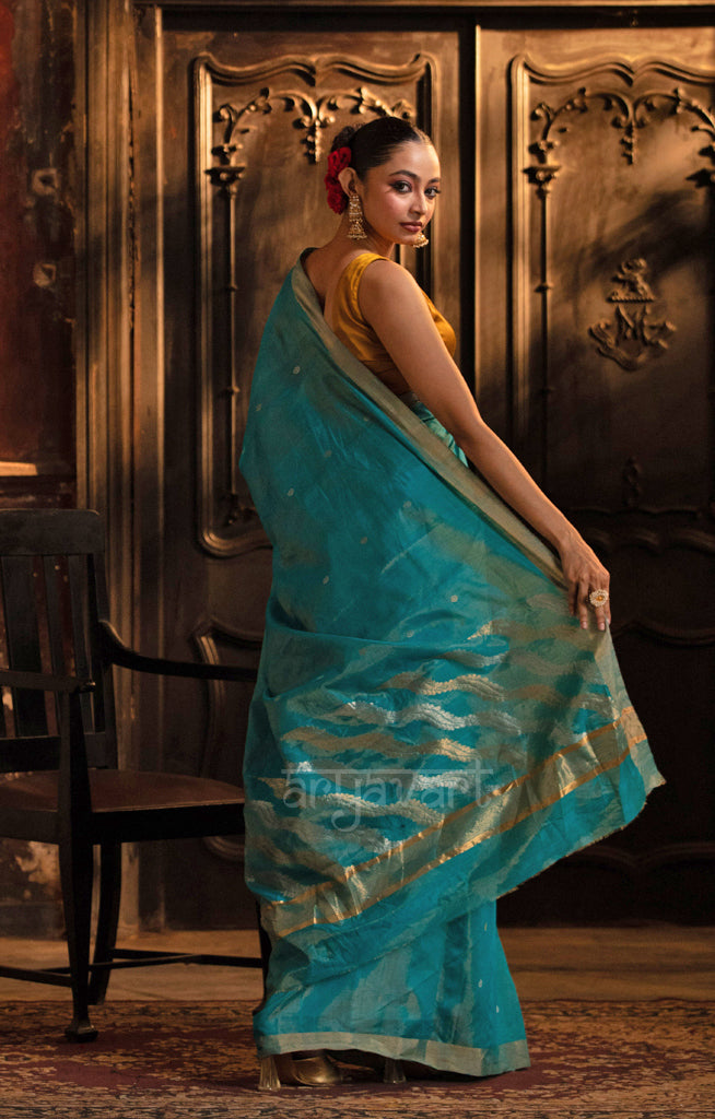 Teal Silk Cotton Chanderi  Saree With Gold Zari Design