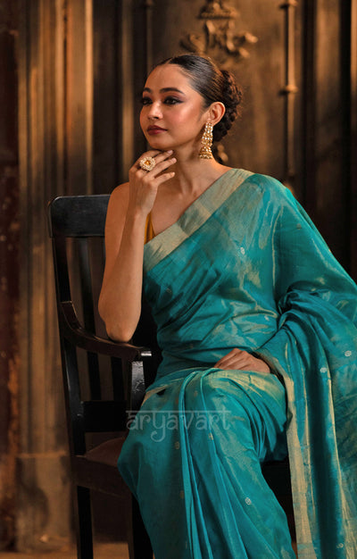 Teal Silk Cotton Chanderi  Saree With Gold Zari Design