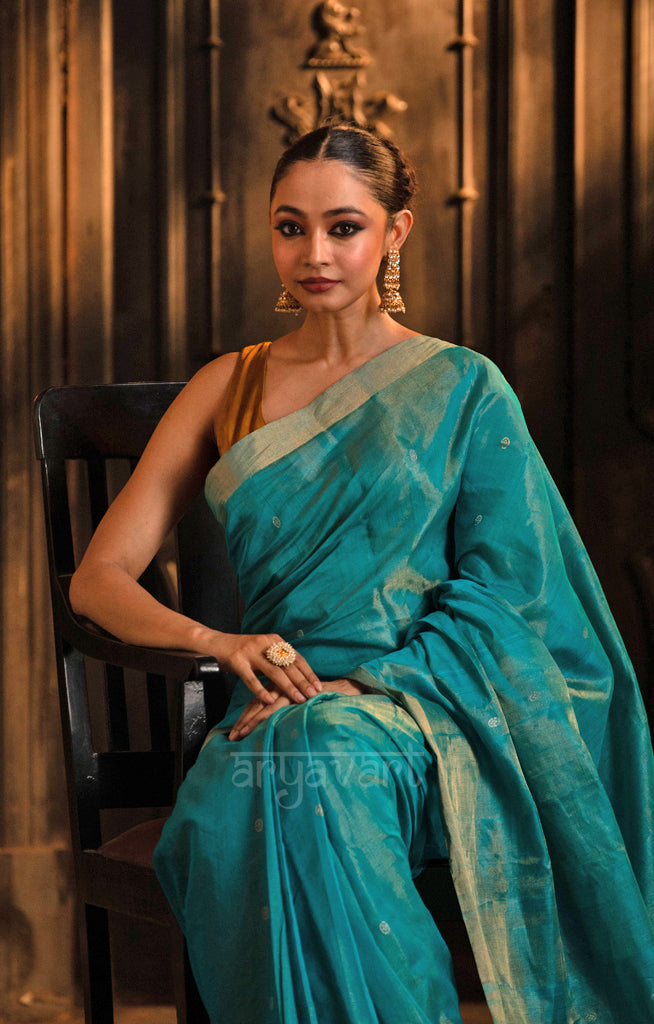 Teal Silk Cotton Chanderi  Saree With Gold Zari Design