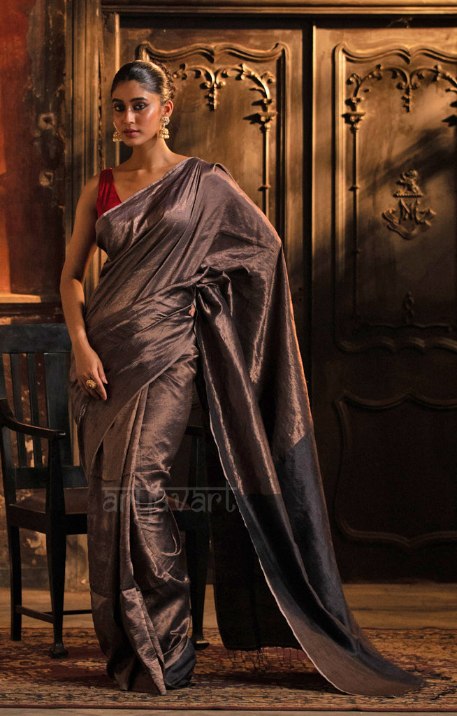 Steel Grey Tussar Silk Saree