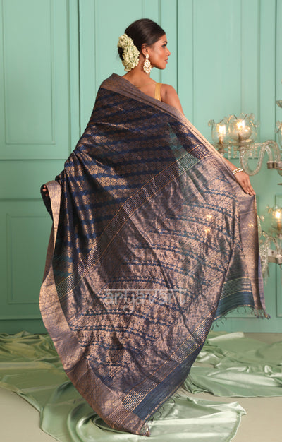 Midnight Blue Matka Silk Saree With Zari Woven Design