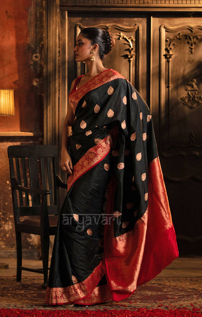 Stunning Black Katan Silk Saree With A Red Border & Gold Buttas