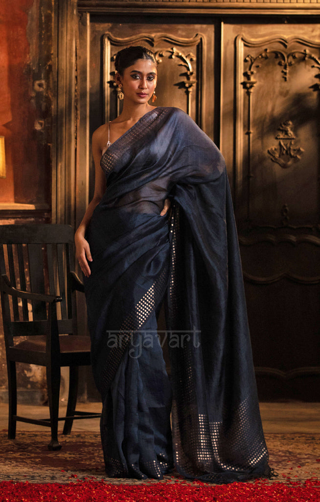 Midnight Blue Resham  Silk Saree With Stunning Woven In sequence along the Border