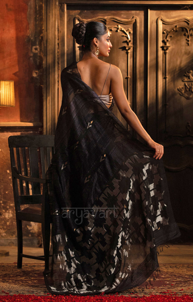 Black Matka Saree With Woven jamdani Design