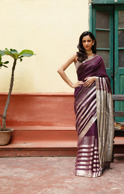 Burnt Maroon Linen Saree With Silver Zari Stripes