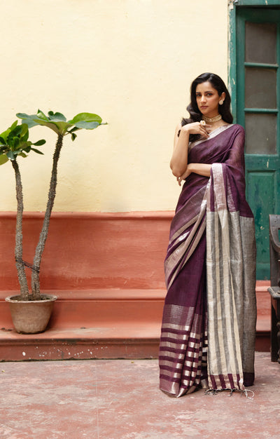 Burnt Maroon Linen Saree With Silver Zari Stripes