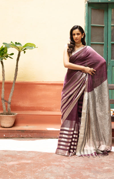 Burnt Maroon Linen Saree With Silver Zari Stripes