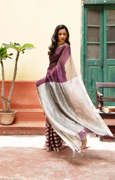 Burnt Maroon Linen Saree With Silver Zari Stripes