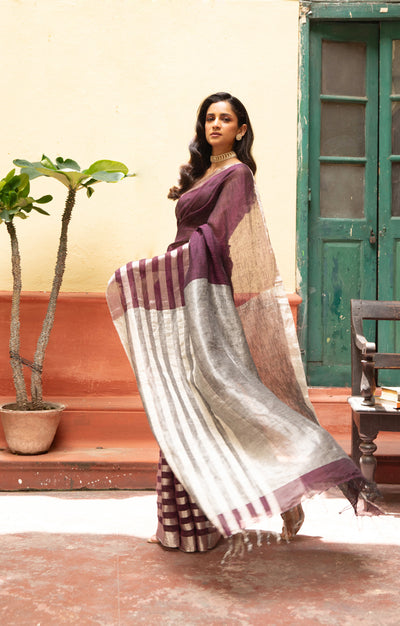 Burnt Maroon Linen Saree With Silver Zari Stripes