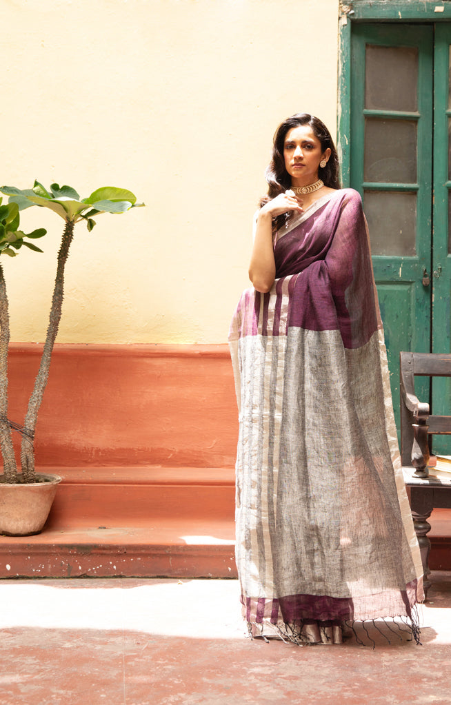 Burnt Maroon Linen Saree With Silver Zari Stripes