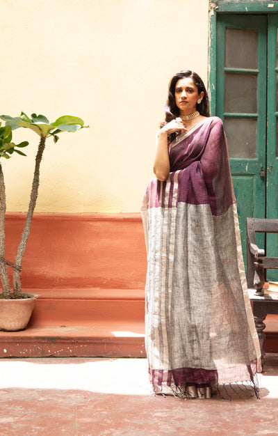 Burnt Maroon Linen Saree With Silver Zari Stripes