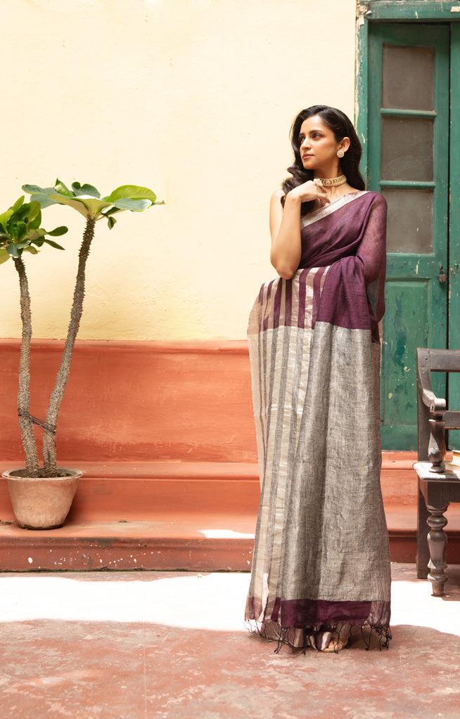 Burnt Maroon Linen Saree With Silver Zari Stripes