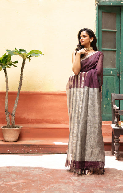 Burnt Maroon Linen Saree With Silver Zari Stripes