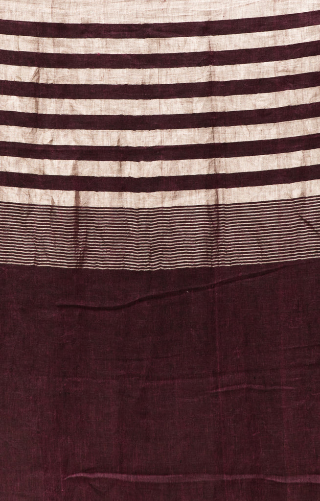 Burnt Maroon Linen Saree With Silver Zari Stripes