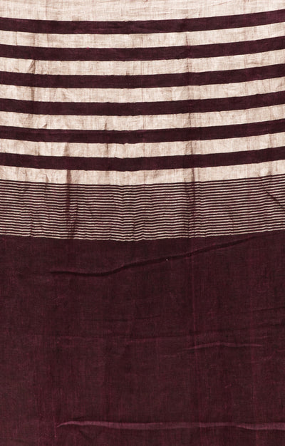 Burnt Maroon Linen Saree With Silver Zari Stripes