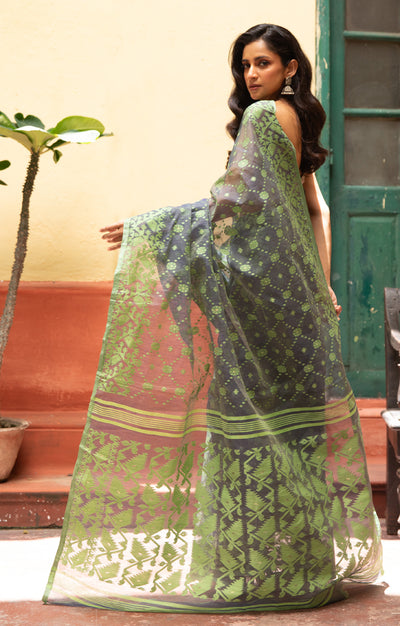 Grey Saree With Woven Jamdani Geometric Design In Green