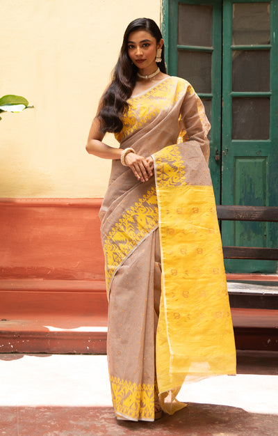 Mocha Saree With Woven Jamdani Geometric Design in Yellow